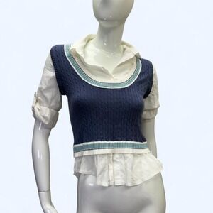 Y2K Preppy Layered Sweater Vest Top, blue, button down